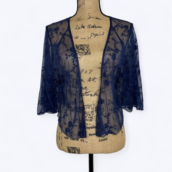 Pinky Sheer Mesh Floral Cardigan Sz L Blue Batwing Sleeve Lace Whimsigoth Witchy - Picture 1 of 16